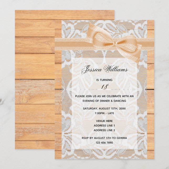 Stylish Lace, Ribbon & Bow Birthday Invitation (Front/Back)