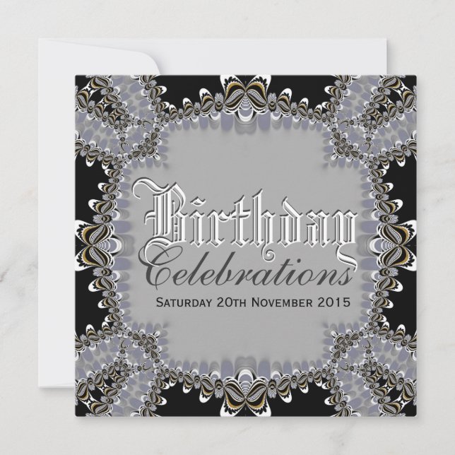 Stylish Lacy Black+Grey Birthday Celebrations Invi Invitation (Front)