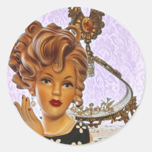 Stylish Lady Head Vase Spiral Curls Floral Dress Classic Round Sticker