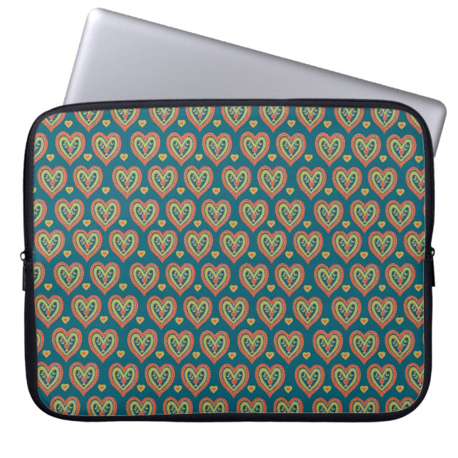 Stylish Laptop Sleeve, Red Hearts on Dark Teal Laptop Sleeve (Front)