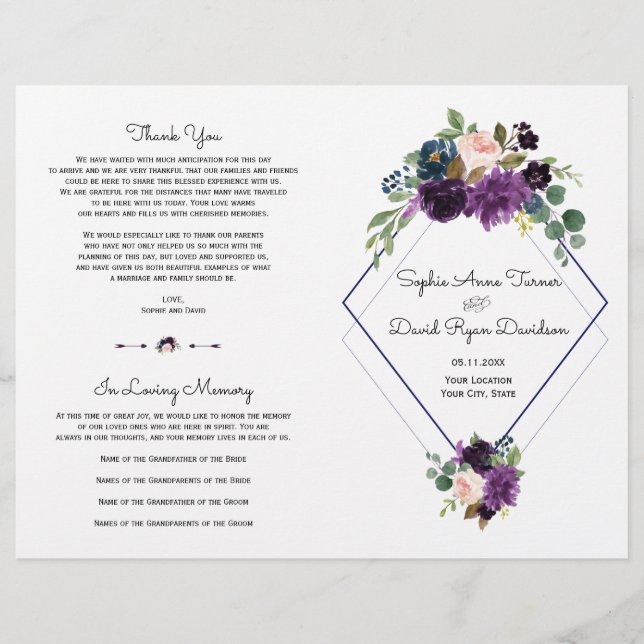Stylish Lavender Navy Blue Floral Bloom Program (Front)