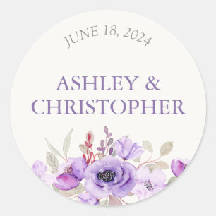 Stylish Lavender Watercolor Floral Bouquet Wedding Classic Round Sticker