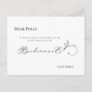 Stylish Leaf Black Script Bridesmaid Request Postcard