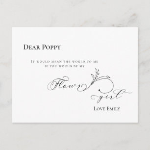 Stylish Leaf Black Script Flowergirl Request Postcard