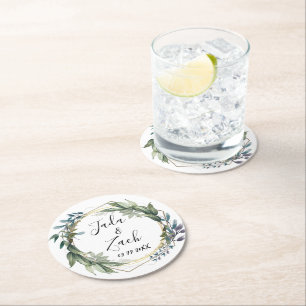 Stylish Leafy Botanical Wreath Wedding Round Paper Coaster