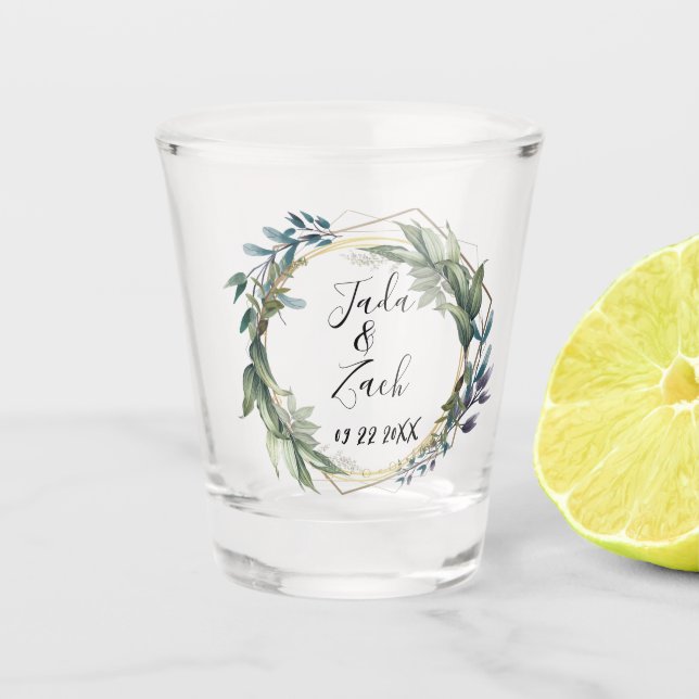 Stylish Leafy Botanical Wreath Wedding   Shot Glass (Front)