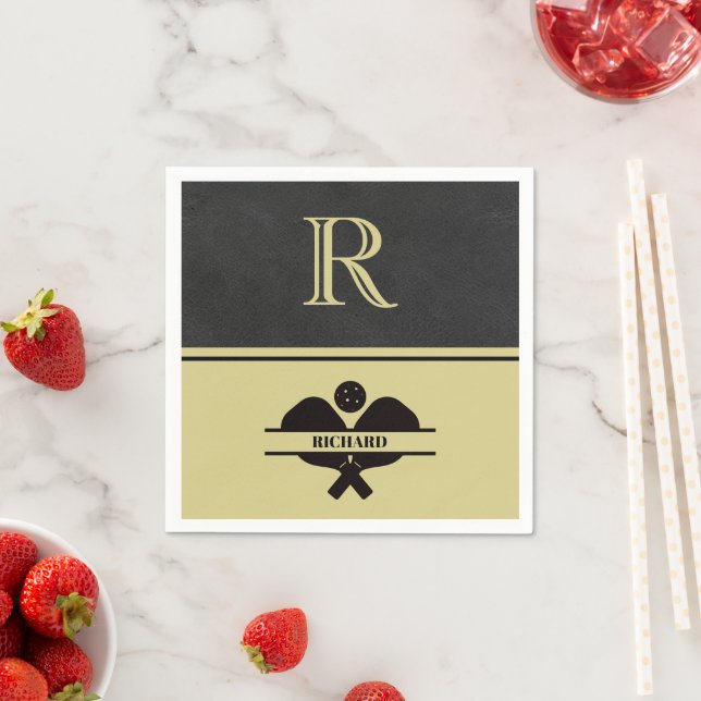 Stylish Leather Textured Monogram Name Black Gold Napkin (Insitu)