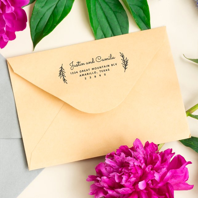 Stylish Leaves Script Wedding Names Return Address Rubber Stamp (Creator Uploaded)