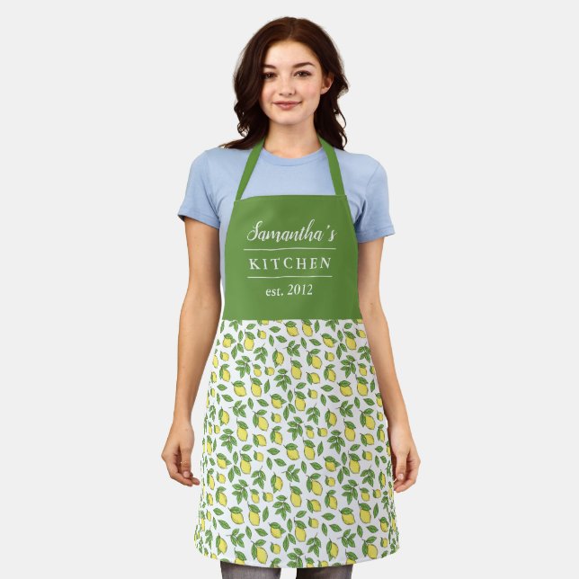 Stylish Lemon Pattern Green Yellow Name Apron (Worn)