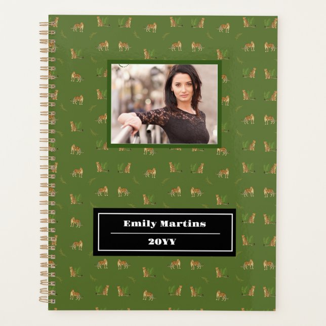 Stylish Leopard Animal Pattern Name, Green Planner (Front)