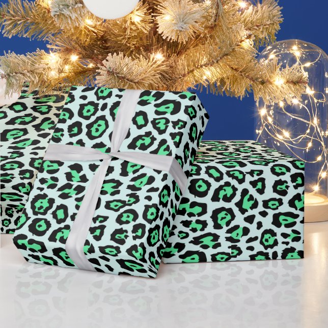 Stylish leopard animal print pattern aqua fun wrapping paper (Holidays)