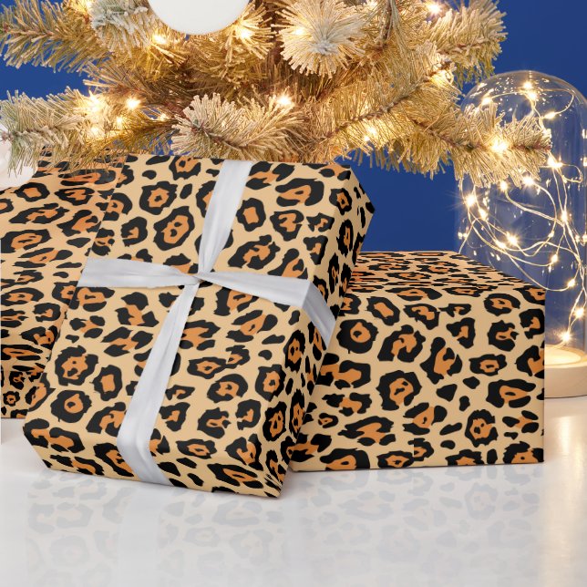 Stylish leopard animal print pattern orange fun wrapping paper (Holidays)