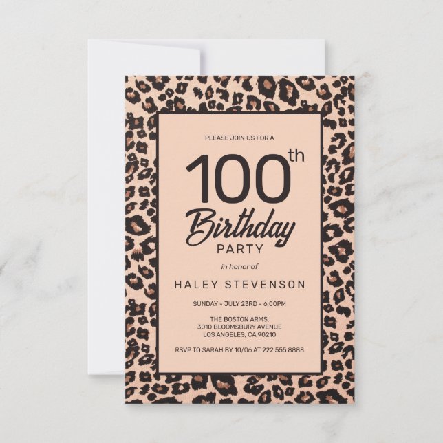 Stylish Leopard Animal Print Trendy 100th Birthday Invitation (Front)