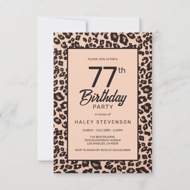 Stylish Leopard Animal Print Trendy 77th Birthday Invitation (Front)