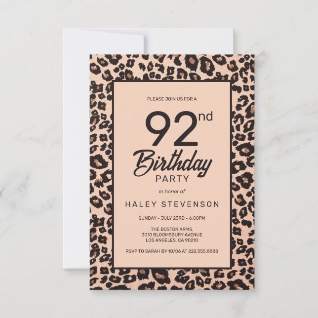 Stylish Leopard Animal Print Trendy 92nd Birthday Invitation (Front)