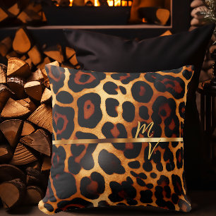 Stylish Leopard Print and Gold Monogrammed  Cushion