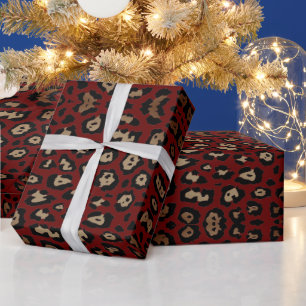 Stylish leopard print brown burgundy maroon wine wrapping paper