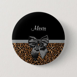 Stylish Leopard Print Elegant Black Bow and Name 6 Cm Round Badge