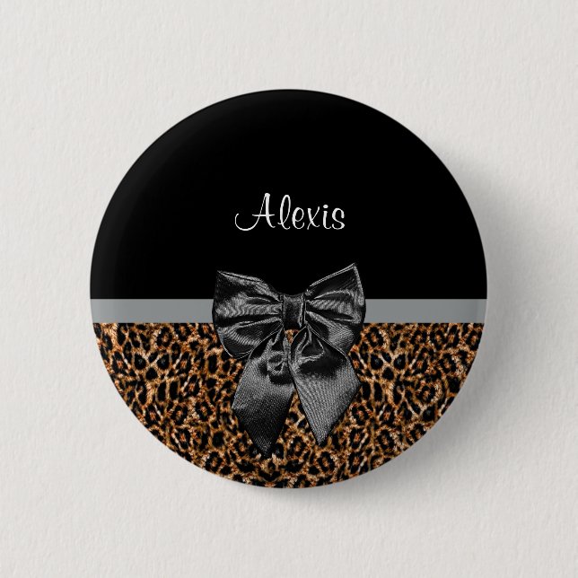 Stylish Leopard Print Elegant Black Bow and Name 6 Cm Round Badge (Front)