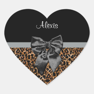 Stylish Leopard Print Elegant Black Bow and Name Heart Sticker