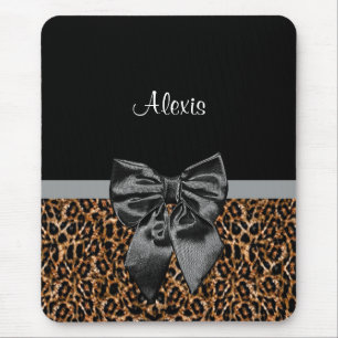 Stylish Leopard Print Elegant Black Bow and Name Mouse Mat