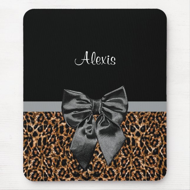 Stylish Leopard Print Elegant Black Bow and Name Mouse Mat (Front)