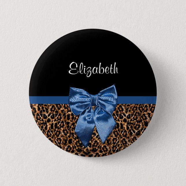Stylish Leopard Print Elegant Blue Bow and Name 6 Cm Round Badge (Front)