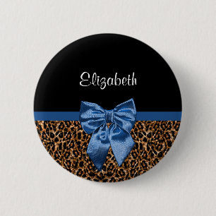 Stylish Leopard Print Elegant Blue Bow and Name 6 Cm Round Badge