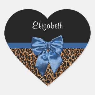 Stylish Leopard Print Elegant Blue Bow and Name Heart Sticker