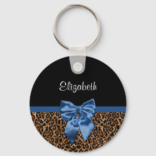 Stylish Leopard Print Elegant Blue Bow and Name Key Ring