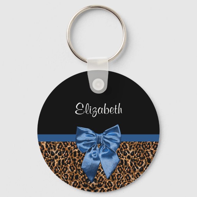 Stylish Leopard Print Elegant Blue Bow and Name Key Ring (Front)