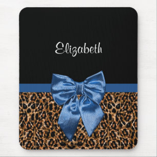 Stylish Leopard Print Elegant Blue Bow and Name Mouse Mat