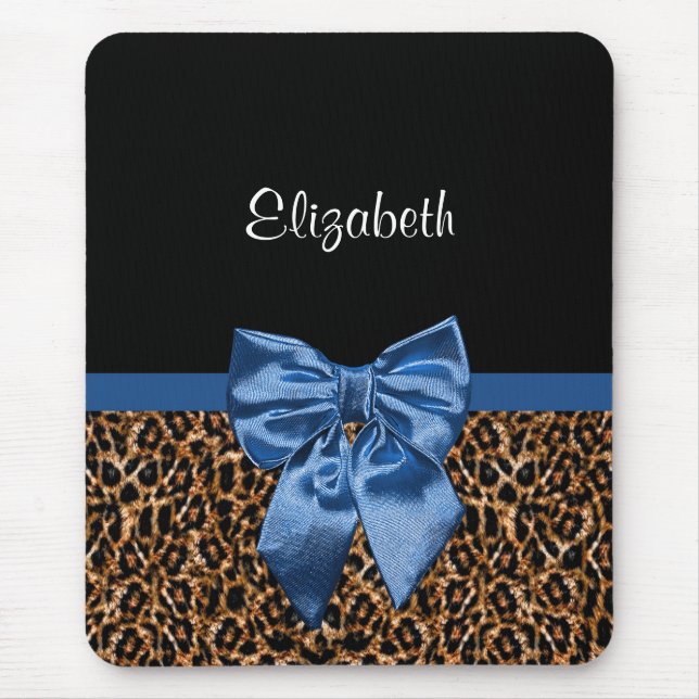 Stylish Leopard Print Elegant Blue Bow and Name Mouse Mat (Front)