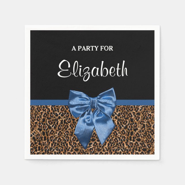 Stylish Leopard Print Elegant Blue Bow and Name Napkin (Front)