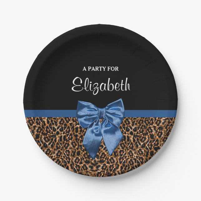 Stylish Leopard Print Elegant Blue Bow and Name Paper Plate (Front)