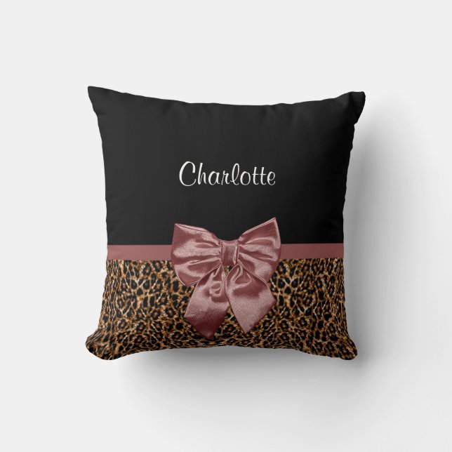 Stylish Leopard Print Elegant Brown Bow and Name Cushion (Front)