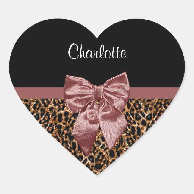 Stylish Leopard Print Elegant Brown Bow and Name Heart Sticker (Front)