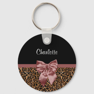 Stylish Leopard Print Elegant Brown Bow and Name Key Ring