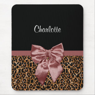 Stylish Leopard Print Elegant Brown Bow and Name Mouse Mat