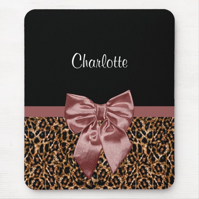 Stylish Leopard Print Elegant Brown Bow and Name Mouse Mat (Front)