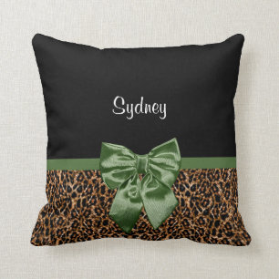 Stylish Leopard Print Elegant Green Bow and Name Cushion