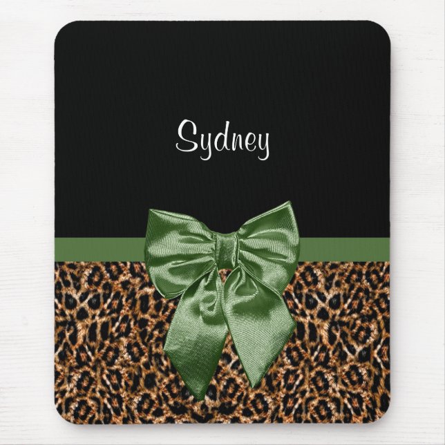 Stylish Leopard Print Elegant Green Bow and Name Mouse Mat (Front)
