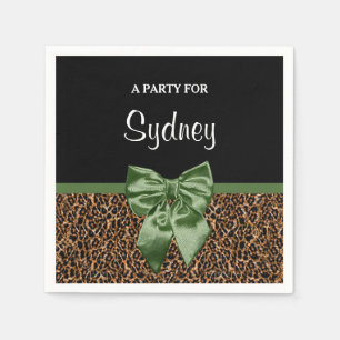 Stylish Leopard Print Elegant Green Bow Party Name Napkin