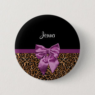 Stylish Leopard Print Elegant Purple Bow and Name 6 Cm Round Badge