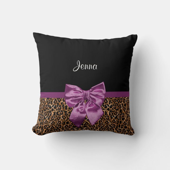 Stylish Leopard Print Elegant Purple Bow and Name Cushion (Front)