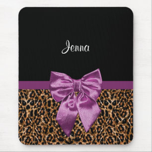 Stylish Leopard Print Elegant Purple Bow and Name Mouse Mat