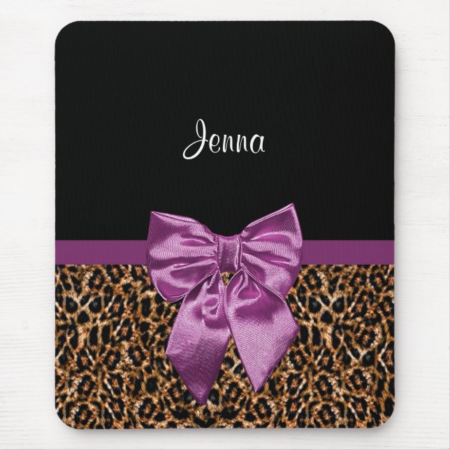 Stylish Leopard Print Elegant Purple Bow and Name Mouse Mat (Front)