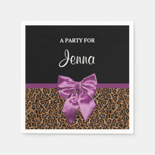 Stylish Leopard Print Elegant Purple Bow and Name Napkin