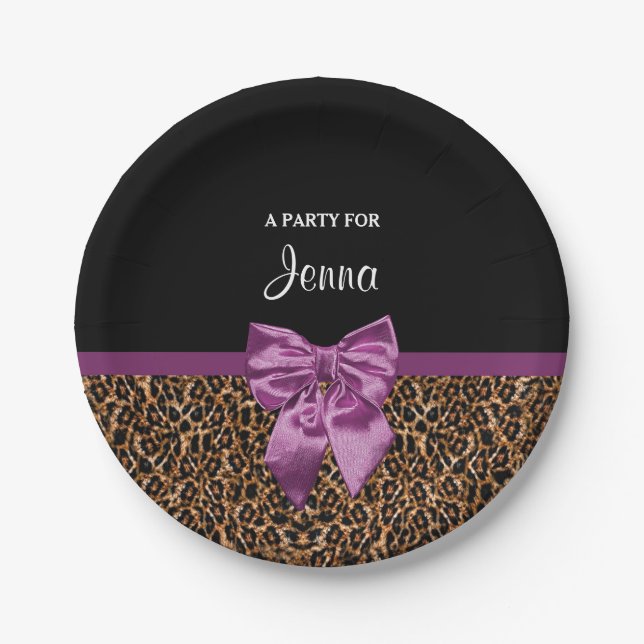 Stylish Leopard Print Elegant Purple Bow and Name Paper Plate (Front)