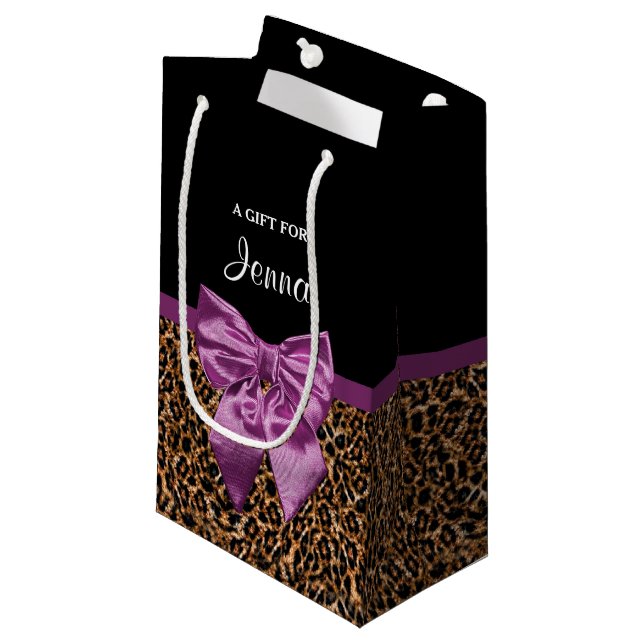 Stylish Leopard Print Elegant Purple Bow and Name Small Gift Bag (Front Angled)